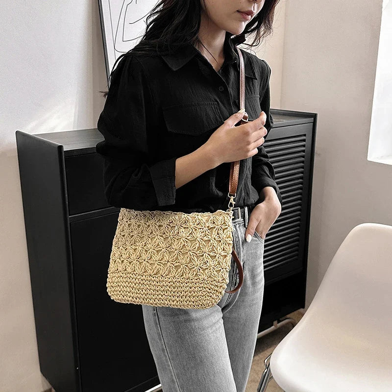 Crochet Shoulder Bag, Handmade-Style Woven Hobo Purse with Leather Accent Strap, Boho Summer Handbag for Beach, Travel & Everyday Use