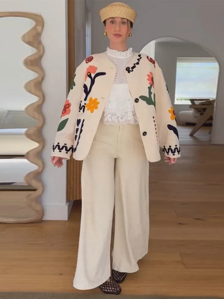 Embroidered Knit Jacket with Contrast Patches, Textured Button-Up Cardigan Jacket, Artistic Boho Chic Outerwear