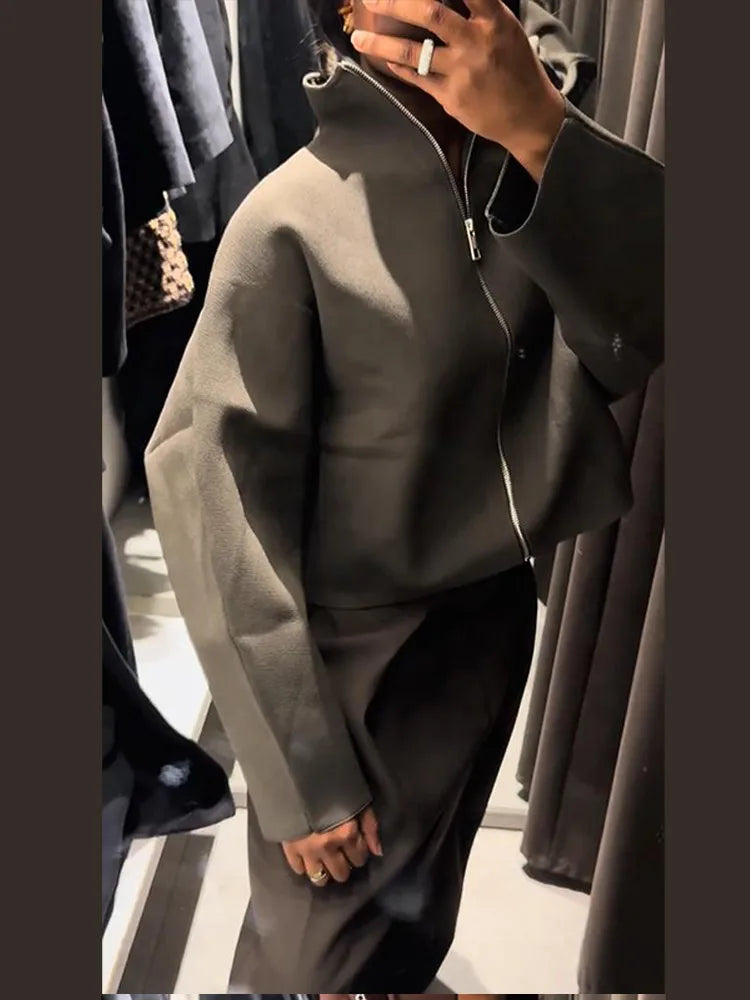 Women's Oversized Zip-Up Jacket, Minimalist High Neck Sweatshirt Jacket, Relaxed Fit Casual Fall Winter Outerwear
