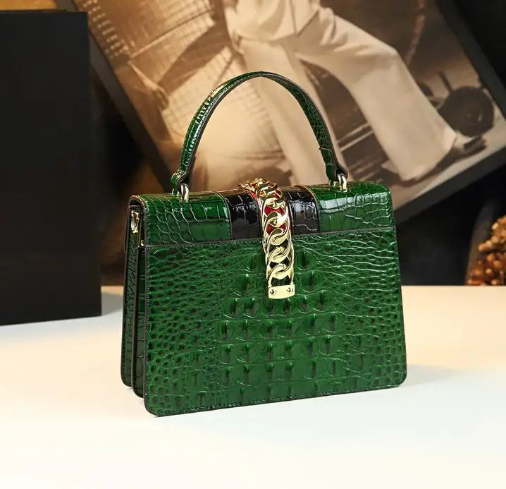 Crocodile Embossed Top Handle Handbag, Structured Vintage Satchel with Gold-Tone Clasp, Elegant Shoulder Purse for Work, Dates & Special Occasions
