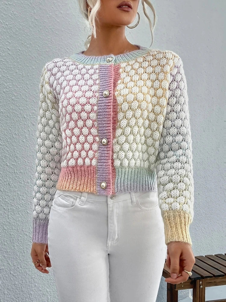 Patchwork Knit Cardigan Jacket, Textured Button-Up Sweater with Contrast Panels and Ribbed Cuffs, Chic Casual Layering Outerwear