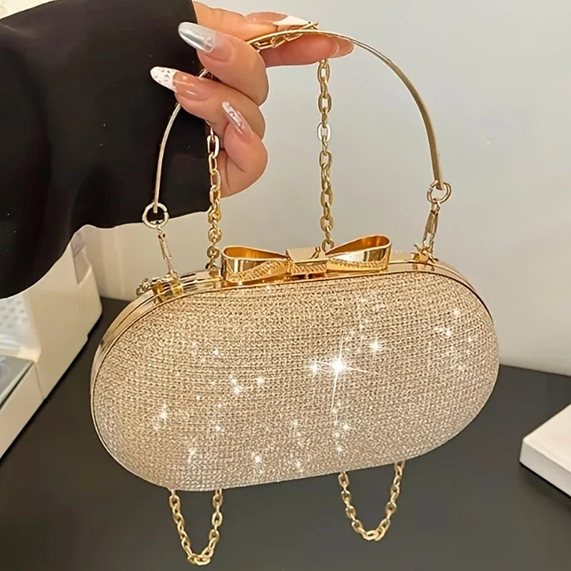 Crystal Embellished Clutch Bag, Glamorous Evening Handbag with Gold-Tone Frame, Chain Strap & Top Handle for Weddings, Parties & Formal Events