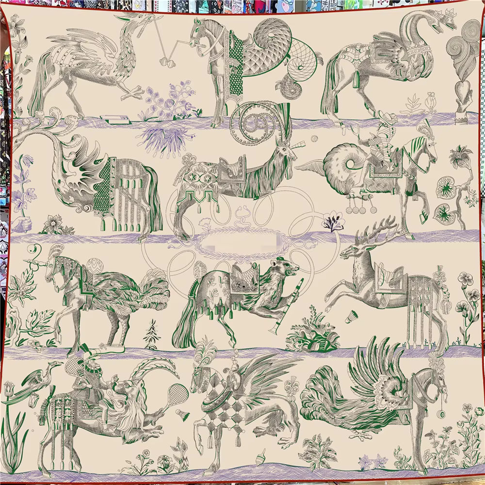 Mythical Animal Print Scarf, Ornamental Equestrian Pattern Shawl, Artistic Square Wrap with Decorative Border