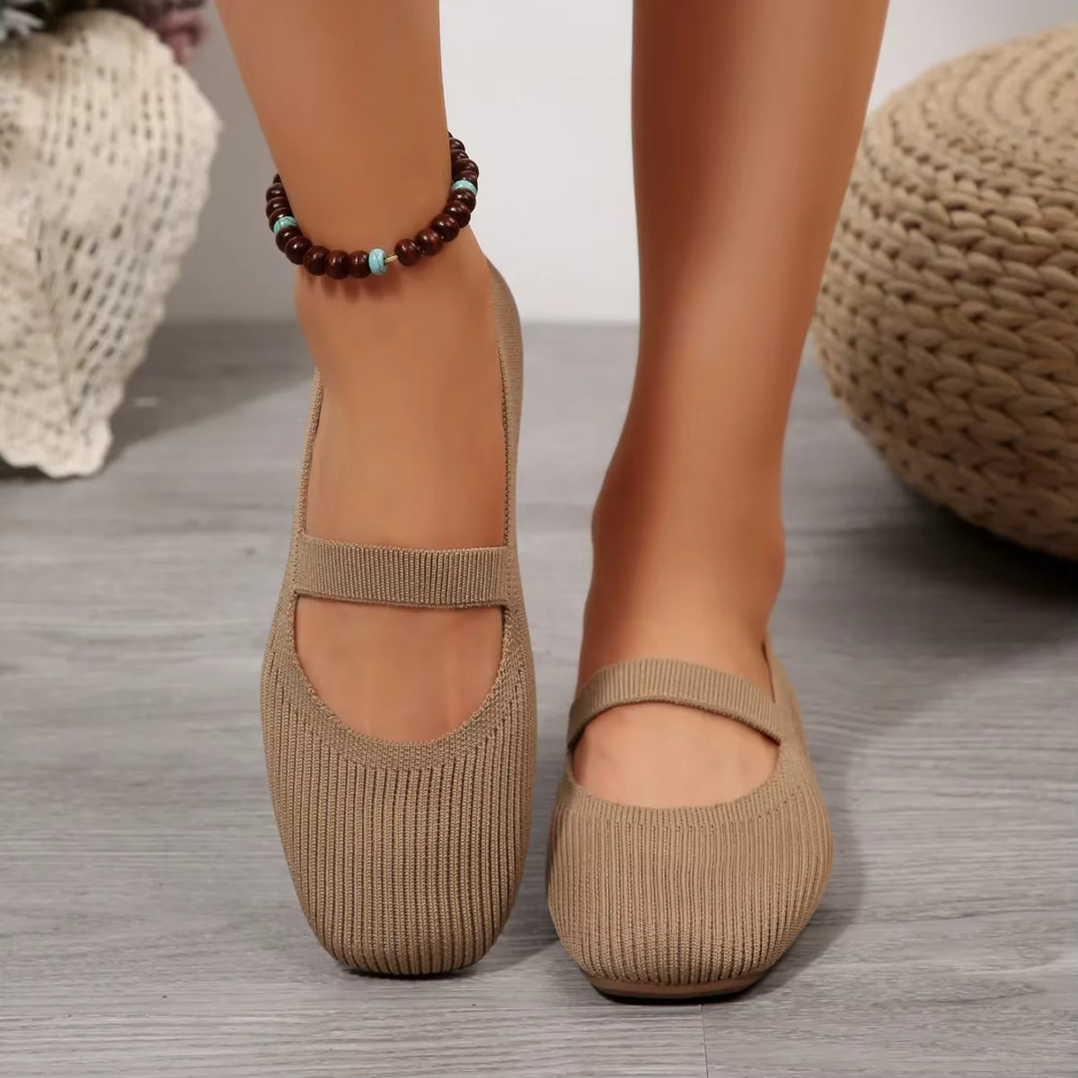 Mary Jane Knit Flats | Round Toe Ballet Shoes | Textured Slip-On Strap Flats for Everyday Wear