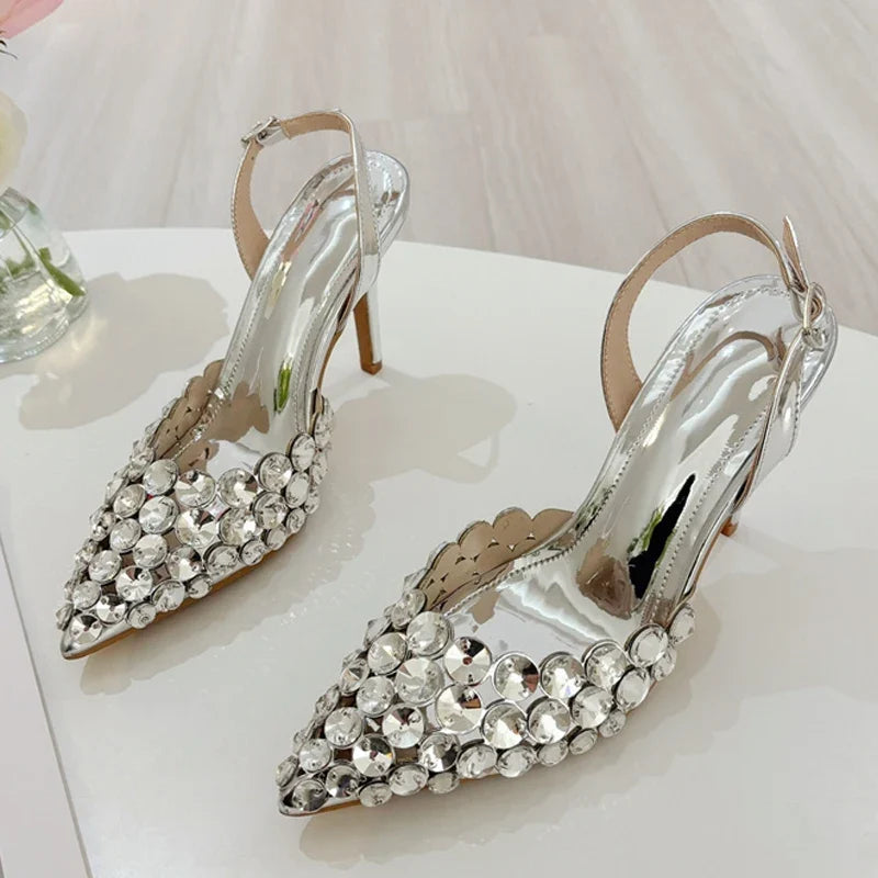 Rhinestone Slingback Heels | Pointed Toe Crystal Pumps | Elegant Kitten Heel Party Shoes
