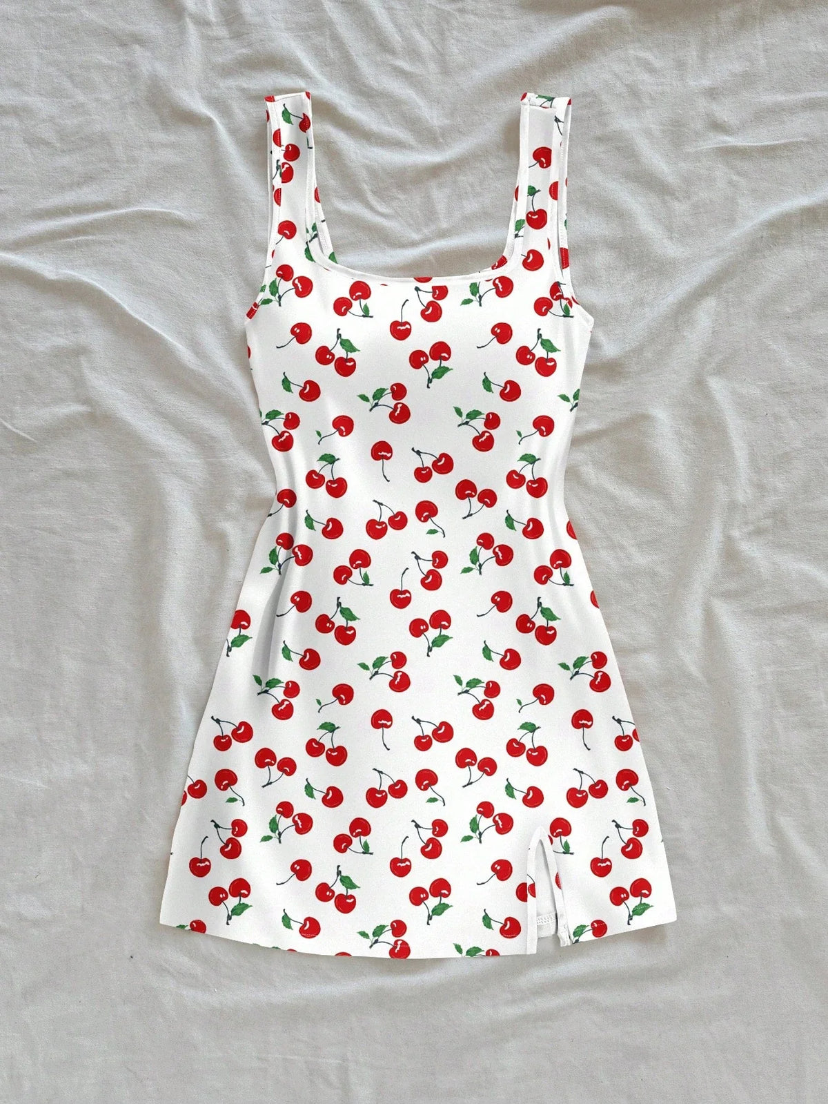 Cherry Print Mini Dress – Sleeveless Square Neck Dress with Wide Shoulder Straps, Fitted Bodice and Flared Skirt for Summer & Vacations