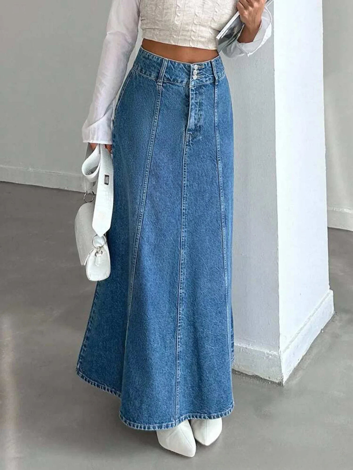 High Waisted Denim Maxi Skirt A Line Long Jean Skirt Flared Full Length Casual Streetwear Vintage Inspired