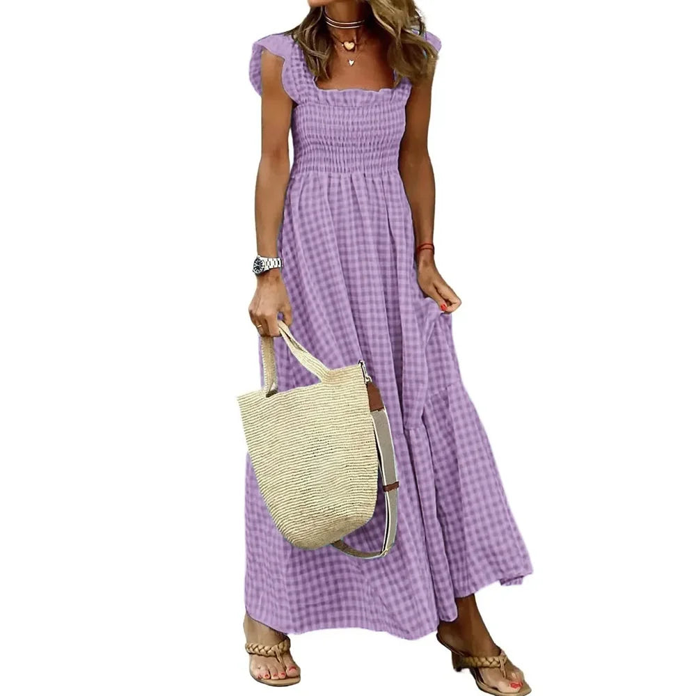 Gingham Maxi Dress – Smocked Square Neck Sundress with Short Sleeves and Flowy A-Line Skirt for Brunch, Vacation & Summer Outings