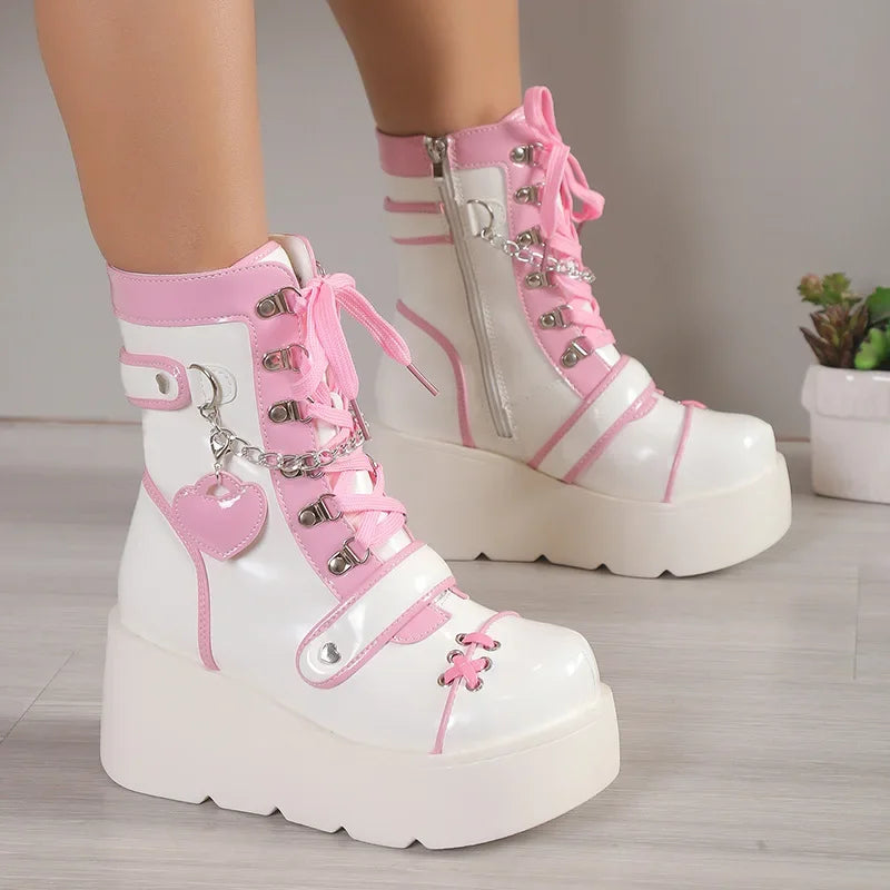 Platform Ankle Boots | Lace Up Chunky Sole Booties | Embellished Fashion Boots