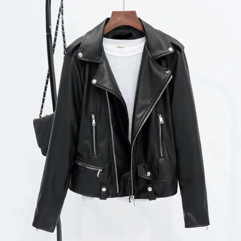 Faux Leather Biker Jacket, Cropped Moto Jacket with Silver Zippers and Wide Lapels, Edgy Casual Streetwear Outerwear