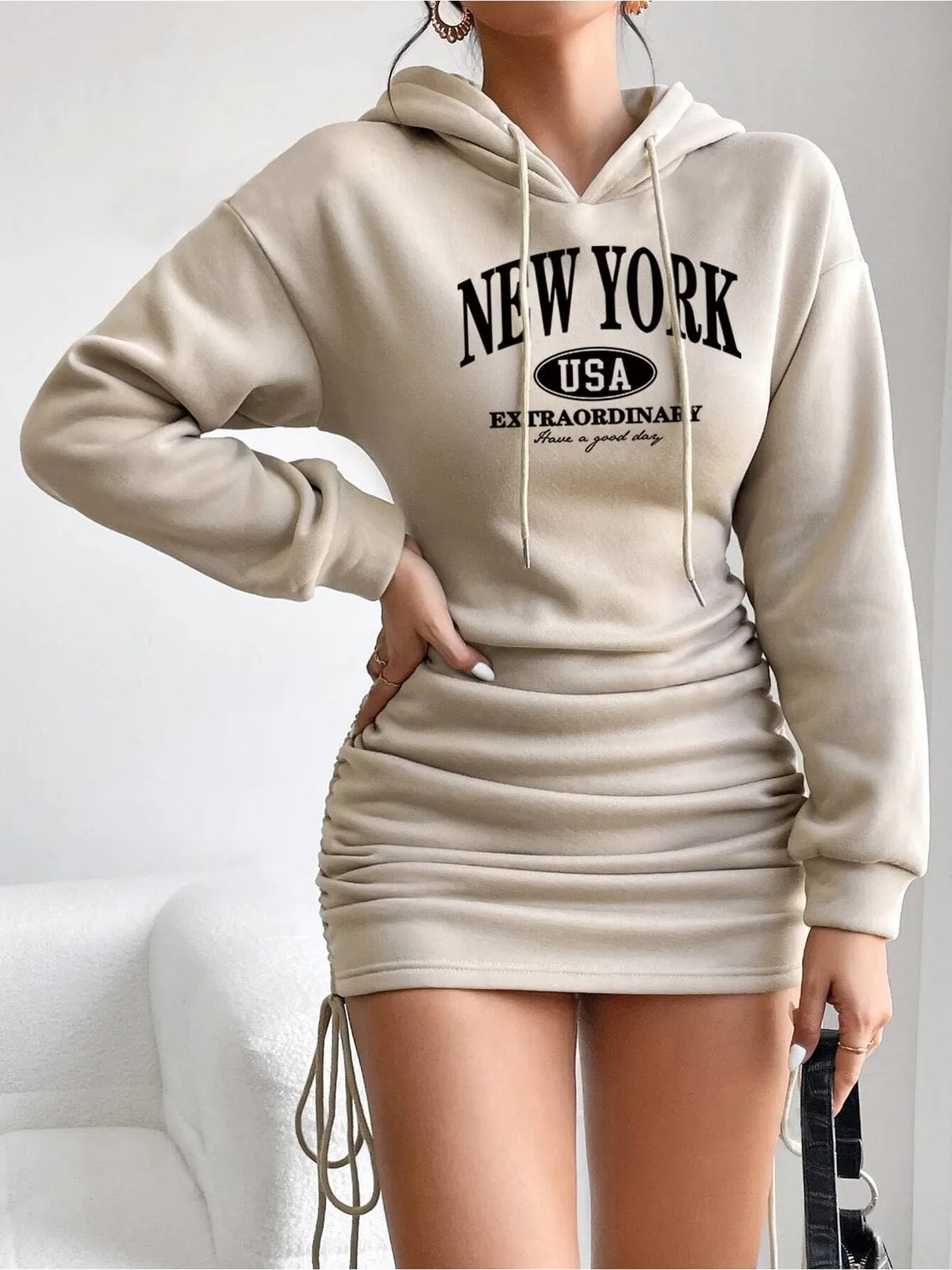 Hoodie Mini Dress – Long Sleeve Hooded Dress with Drawstring Ruched Skirt, Fitted Silhouette and Casual Graphic Detail for Everyday Wear