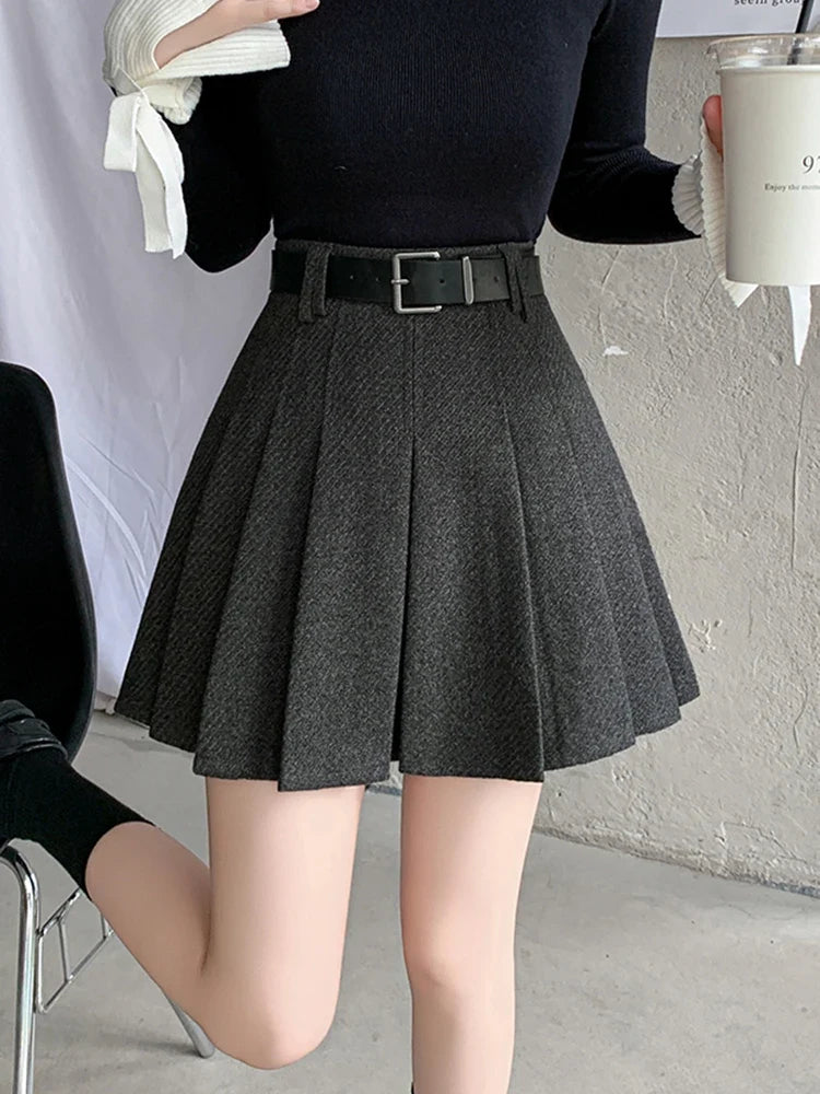 High Waisted Pleated Mini Skirt A Line Flared Skater Skirt Belted School Preppy Casual Party Bottomwear