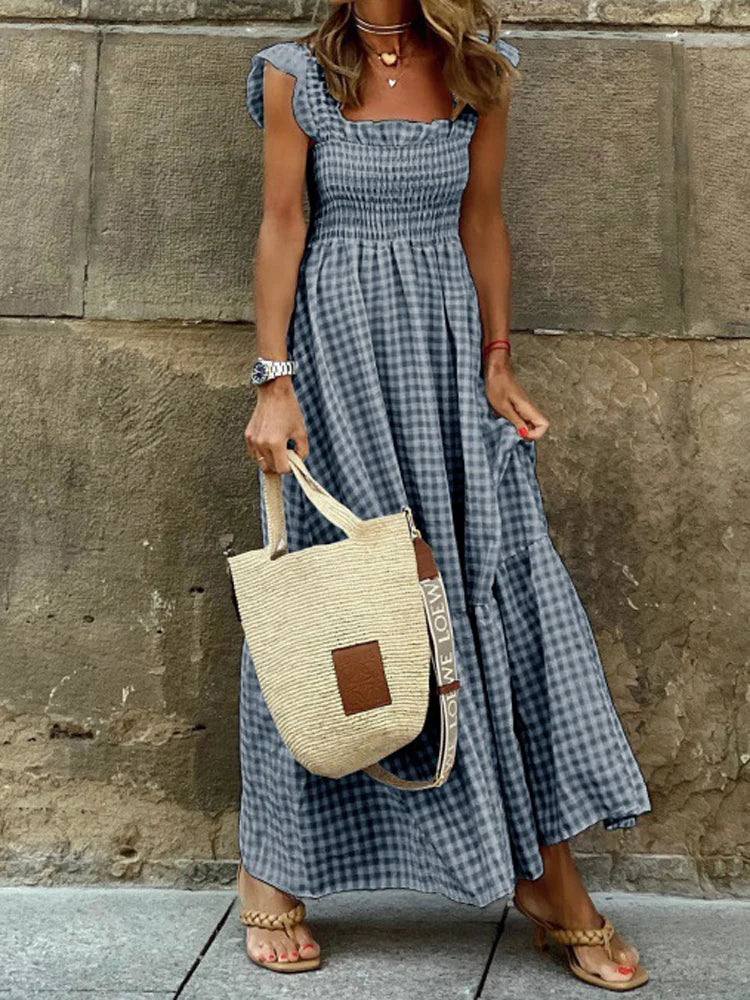 Gingham Maxi Dress – Smocked Square Neck Sundress with Short Sleeves and Flowy A-Line Skirt for Brunch, Vacation & Summer Outings