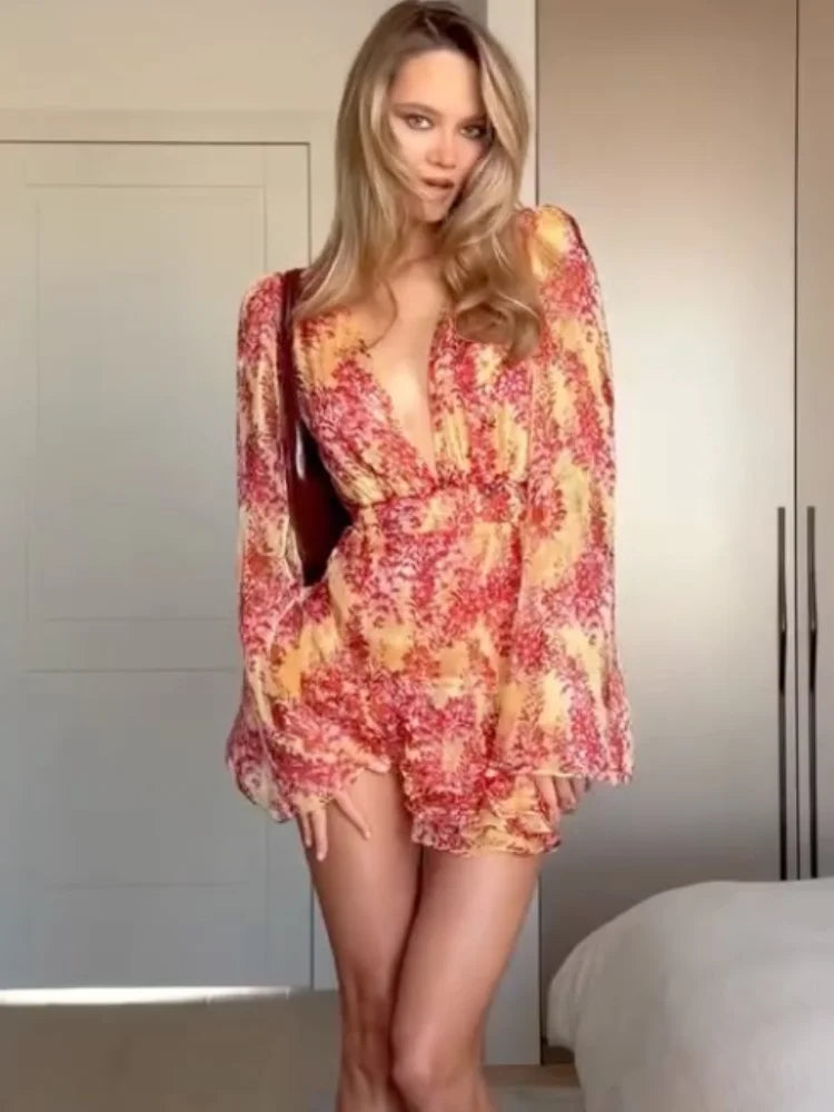 Floral Mini Dress – Long Sleeve V-Neck Dress with Ruched Waist, Flared Ruffle Hem and Bell Sleeves for Vacations & Summer Events