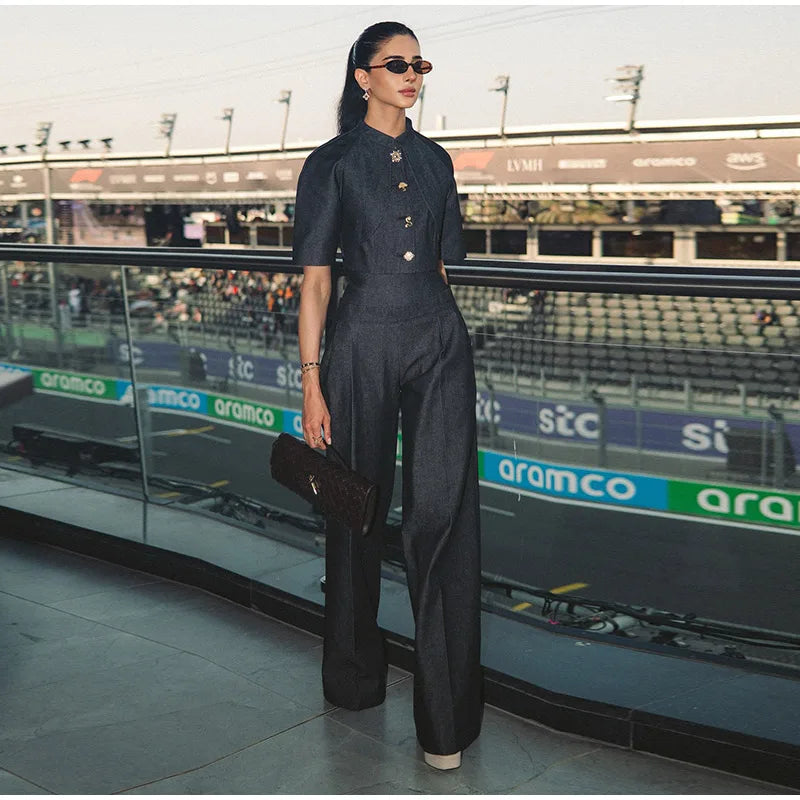 Button Front Collared Top & Wide Leg Pants Co-Ord Set | Tailored Two Piece Jumpsuit Style Outfit | Elegant Smart Casual Matching Set