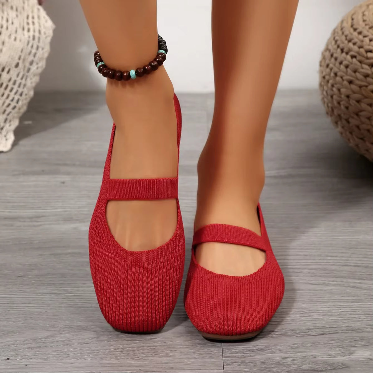 Mary Jane Knit Flats | Round Toe Ballet Shoes | Textured Slip-On Strap Flats for Everyday Wear