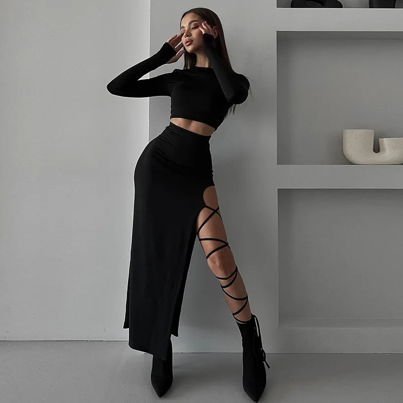 Long Sleeve Crop Top & Cutout Maxi Skirt Co-Ord Set | Lace-Up Side Slit Two Piece Outfit | Chic Party & Evening Matching Set