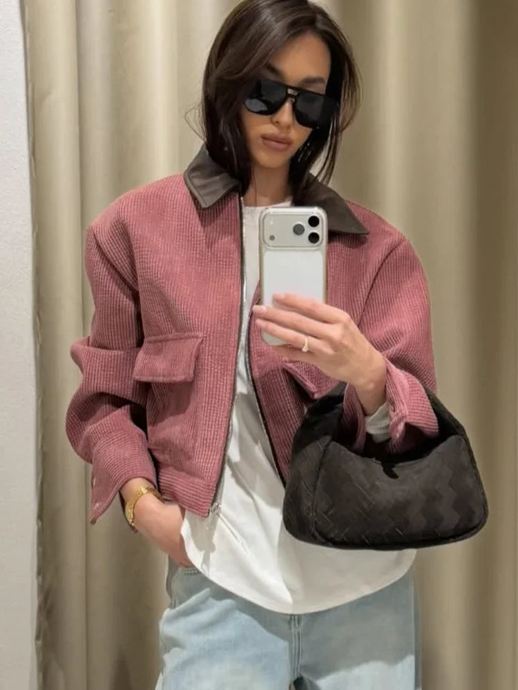Corduroy Utility Jacket with Oversized Fit, Zip-Up Collared Workwear Jacket, Relaxed Casual Fall Outerwear