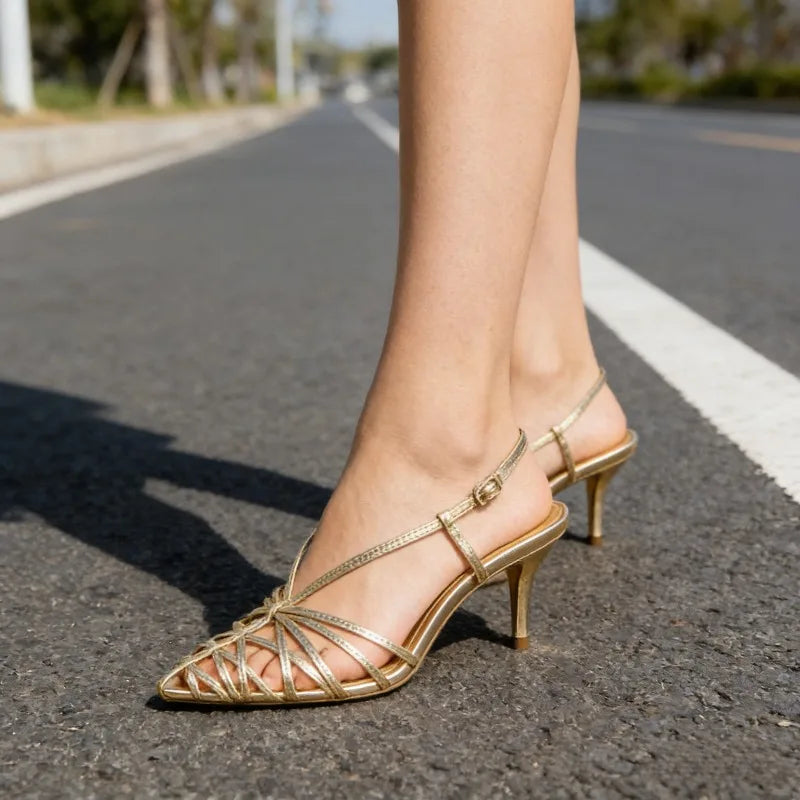Women's Gold Strappy Pointed Toe Kitten Heel Sandals – Elegant Slingback Dress Shoes for Wedding, Party, Evening & Formal Wear