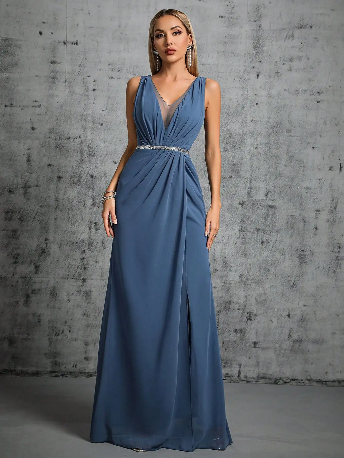 Satin A-Line Maxi Dress – Sleeveless V-Neck Evening Gown with Ruched Bodice, Embellished Waist and Flowing Floor-Length Skirt
