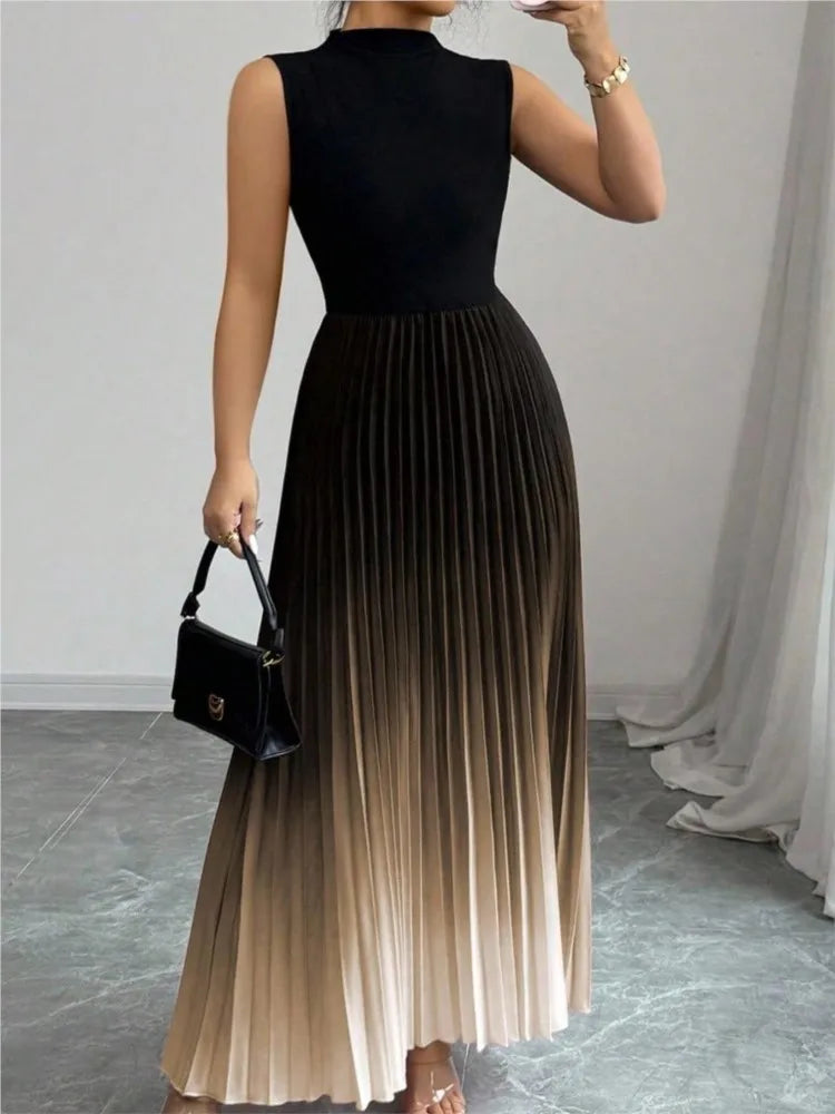 Pleated Maxi Dress – Sleeveless Fitted Bodice Dress with High Waist and Flowing Accordion Pleated Skirt for Parties & Evening Events