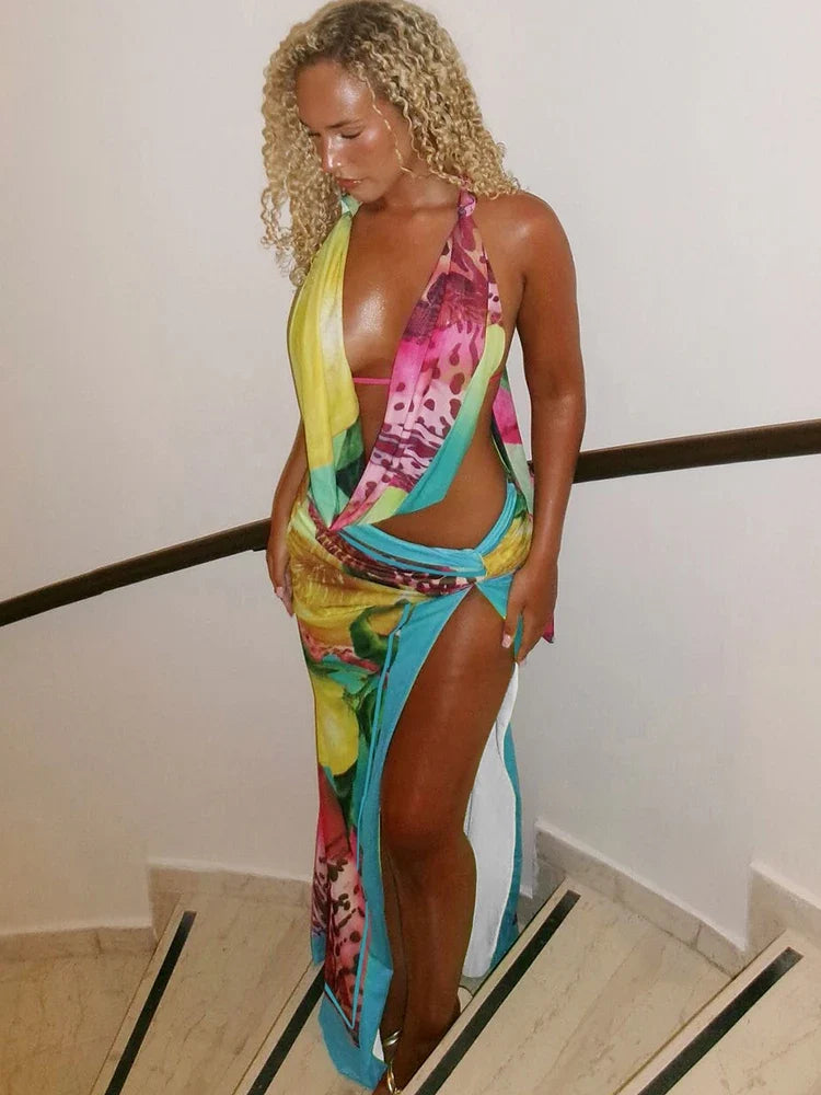 Halter Crop Top & High Waist Wrap Skirt Co-Ord Set | Tropical Print Two Piece Outfit | Chic Vacation, Beach & Resort Matching Set
