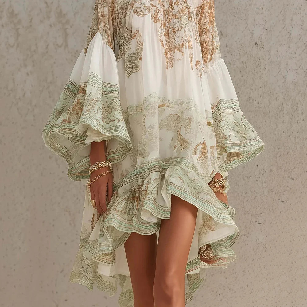 Boho Printed Mini Dress – High Neck Long Sleeve Dress with Flared Bell Sleeves, Relaxed Silhouette and Artistic Pattern for Vacations & Events