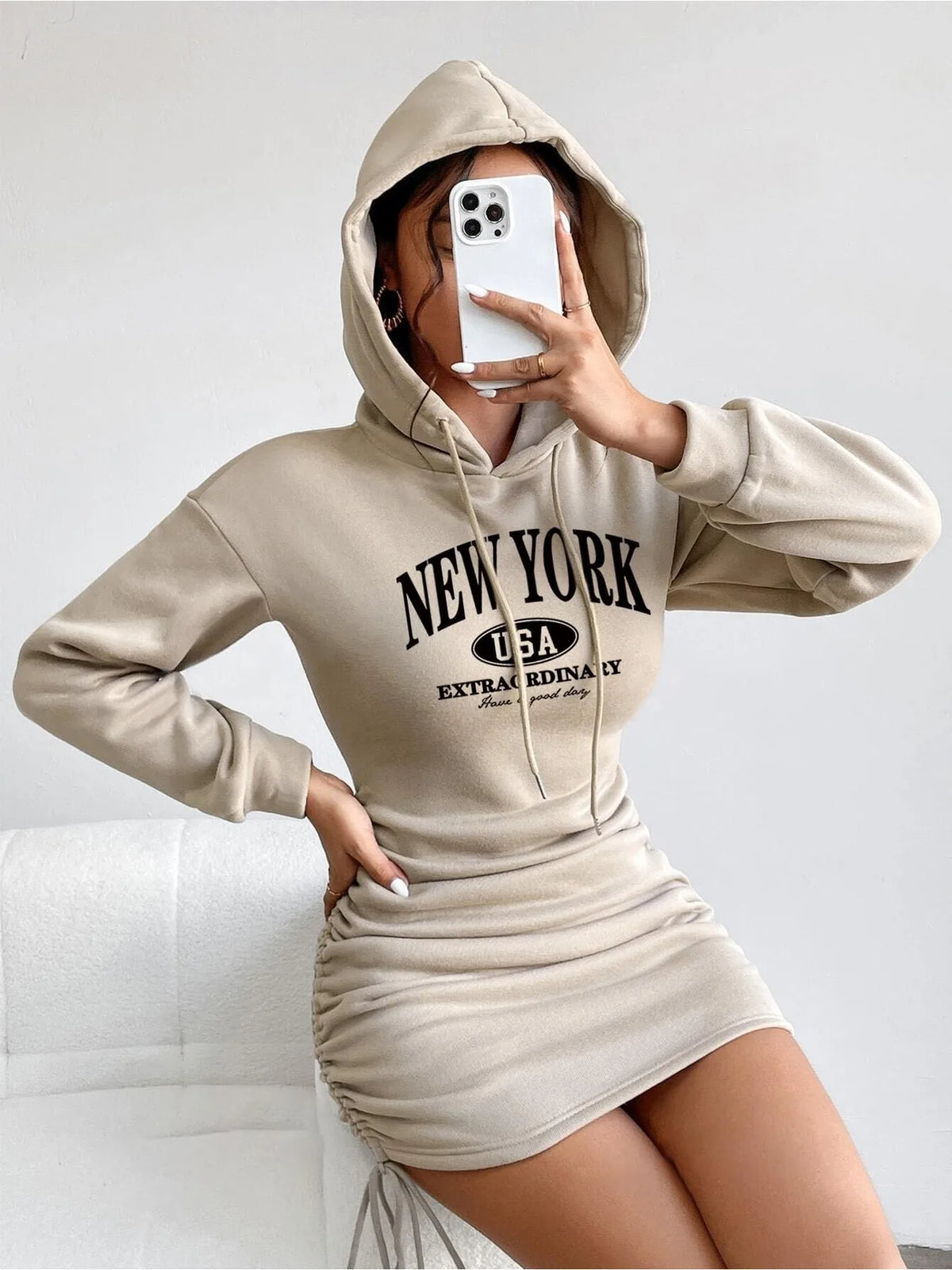 Hoodie Mini Dress – Long Sleeve Hooded Dress with Drawstring Ruched Skirt, Fitted Silhouette and Casual Graphic Detail for Everyday Wear