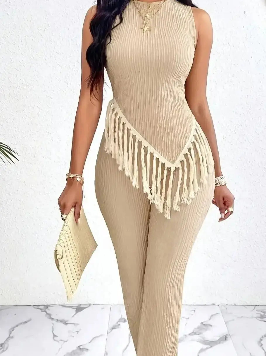 Fringe Knit Crop Top & Slim Fit Pants Co-Ord Set | Sleeveless Two Piece Boho Outfit | Chic Vacation & Resort Wear Matching Set