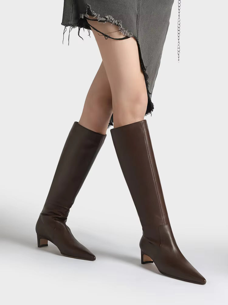Knee High Pointed Toe Boots | Elegant Kitten Heel Tall Boots | Sleek Pull-On Fashion Boots