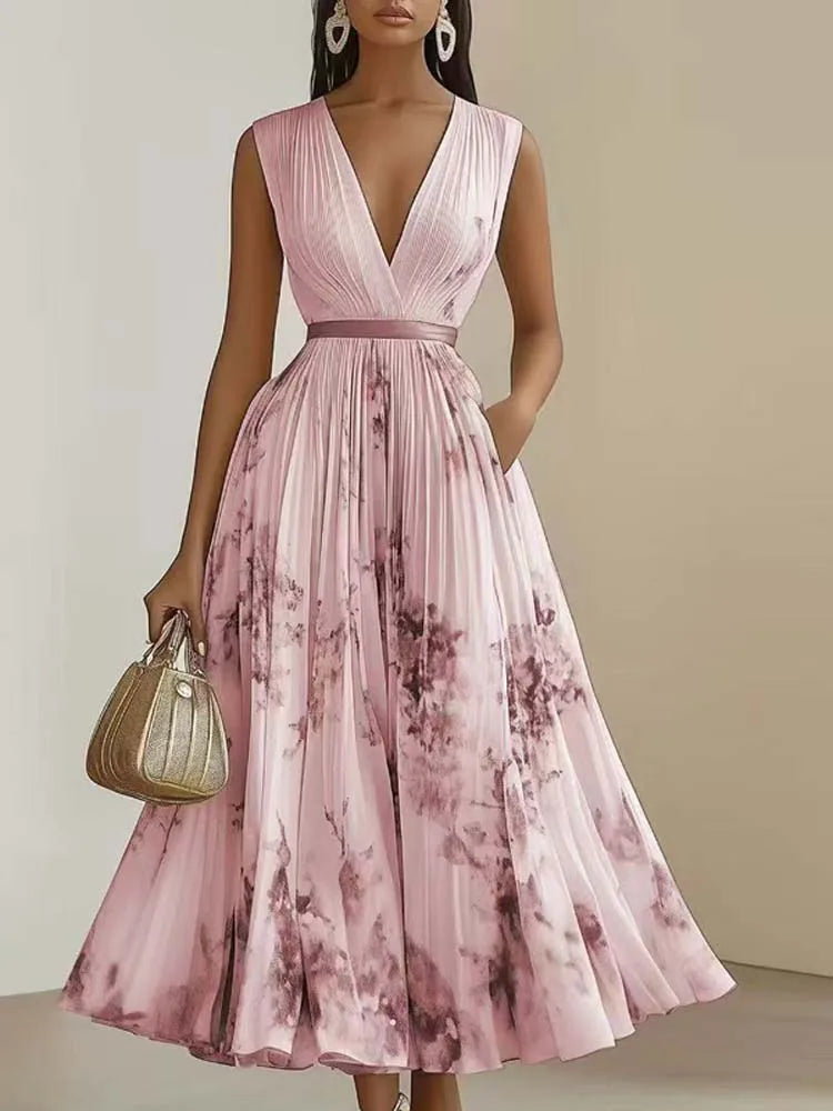 Floral Wrap Midi Dress – V-Neck Sleeveless A-Line Dress with Tie Waist and Flowing Pleated Skirt for Weddings, Brunch & Special Occasions