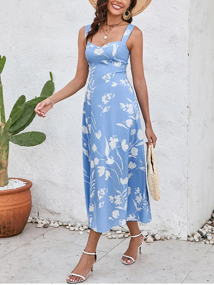 Floral Midi Dress – Spaghetti Strap A-Line Dress with Square Neck, Fitted Bodice and Flared Skirt for Brunch, Vacations & Summer Events