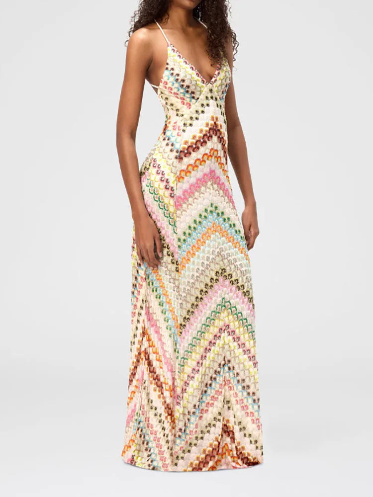 Chevron Maxi Dress – Strappy Backless A-Line Dress with Crossback Straps and Flowing Floor-Length Silhouette for Vacations & Summer Events