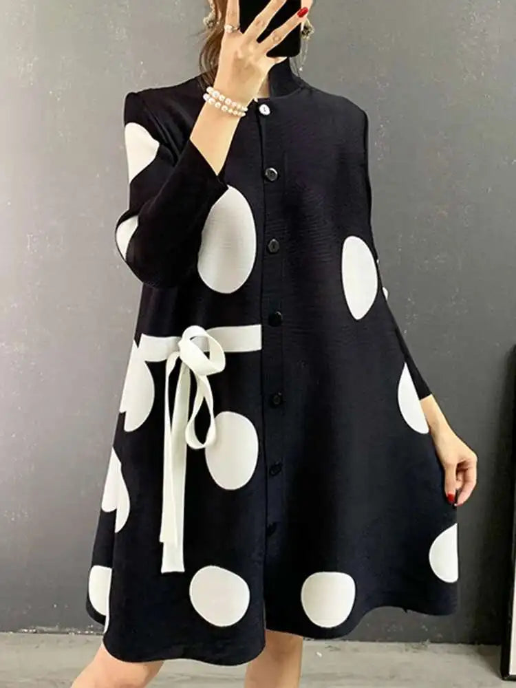 Polka Dot Mini Dress – Long Sleeve High Neck Dress with Statement Cutout Detail, Tie Waist and Relaxed A-Line Silhouette for Casual Wear