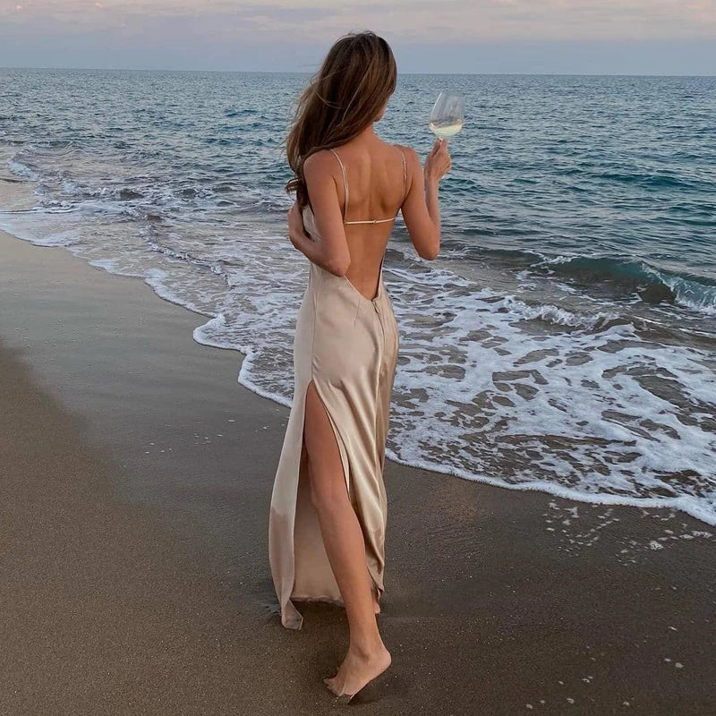 Satin Slip Maxi Dress – Cowl Neck Bodycon Dress with Adjustable Straps and High Side Slit for Date Nights, Weddings & Evening Events