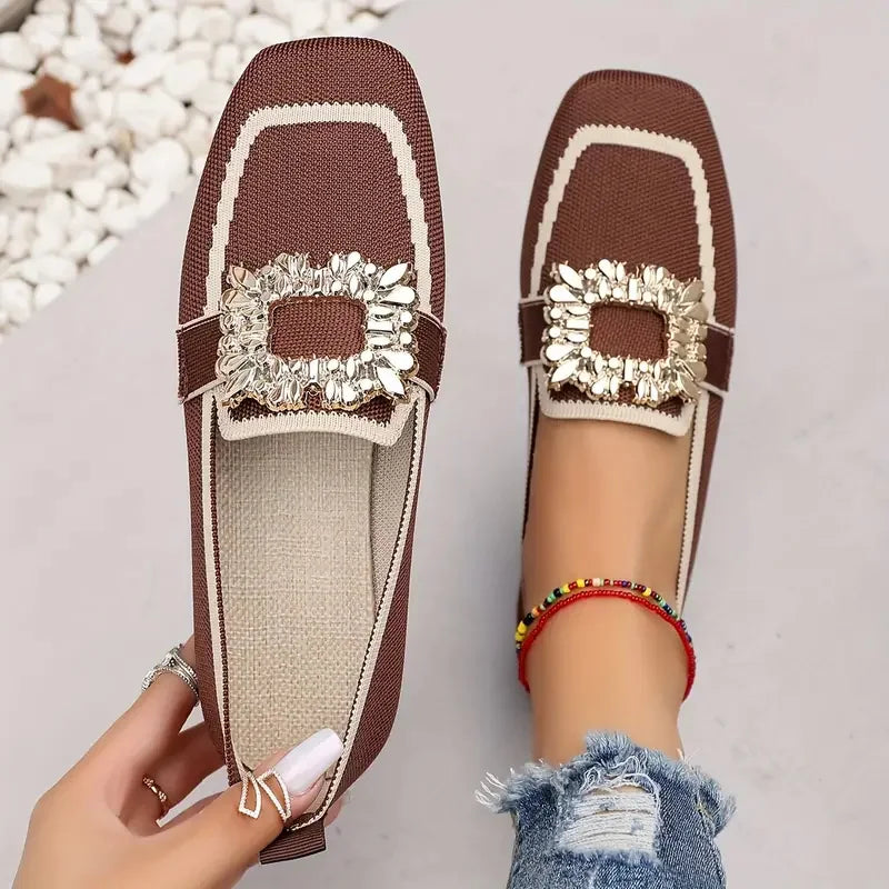 Embellished Loafers | Square Toe Slip-On Flats | Rhinestone Buckle Casual Dress Shoes