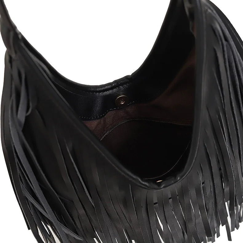 Women's Fringe Shoulder Bag, Black Faux Leather Hobo Bag, Boho Tassel Handbag, Slouchy Fringe Purse for Casual Outings & Festivals