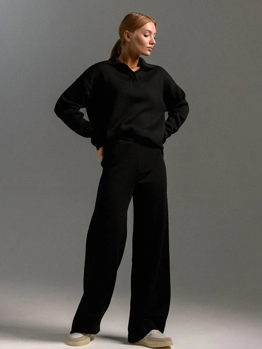 Collared Knit Sweater & Wide Leg Pants Co-Ord Set | Long Sleeve Two Piece Casual Outfit | Chic Fall & Winter Matching Set