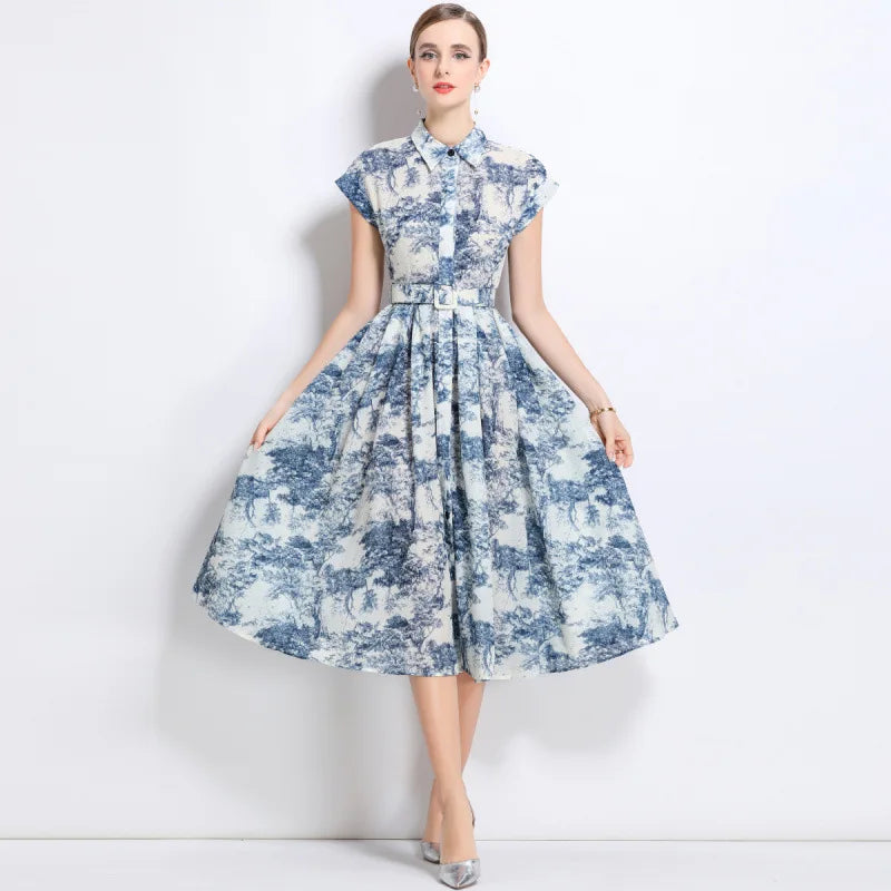 Floral Shirt Midi Dress – Short Sleeve Collared A-Line Dress with Button Front, Defined Waist and Flared Skirt for Brunch, Weddings & Events