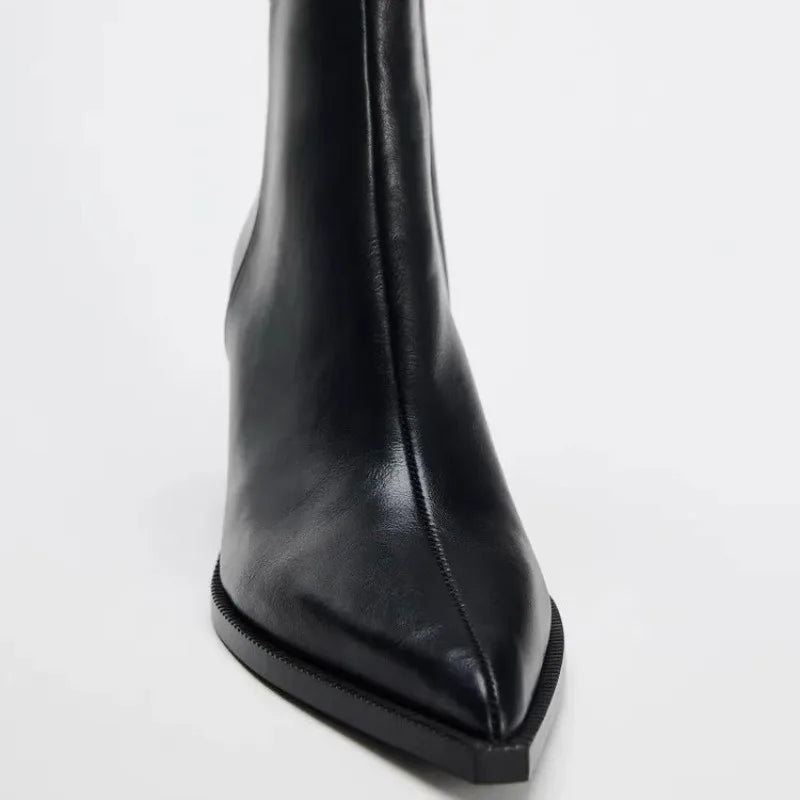Pointed Toe Ankle Boots | Chunky Block Heel Booties | Minimalist Zip-Up Dress Boots