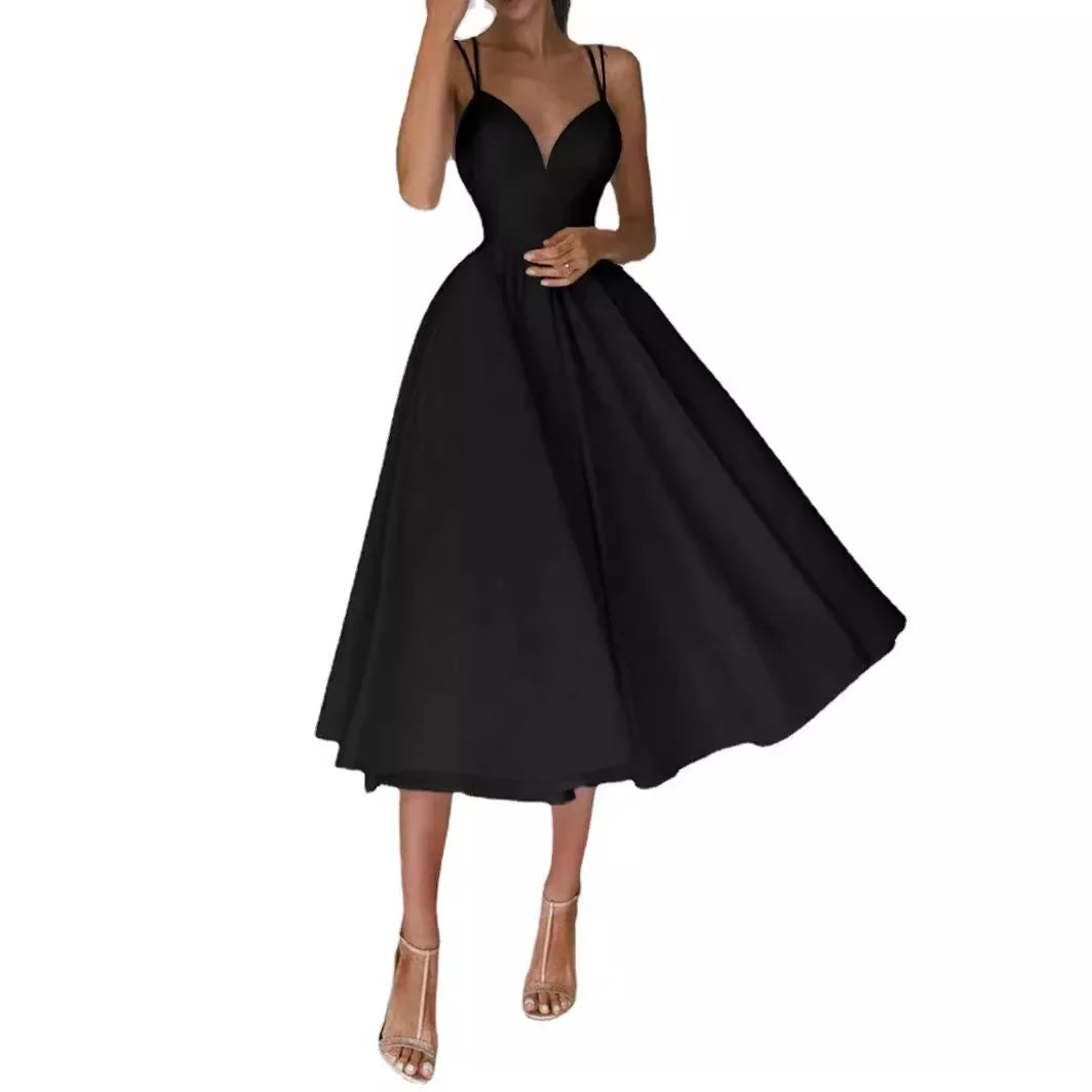 Elegant A-Line Midi Dress – Sleeveless Fitted Bodice Dress with Flared Full Skirt for Weddings, Bridal Events, Brunch & Special Occasions