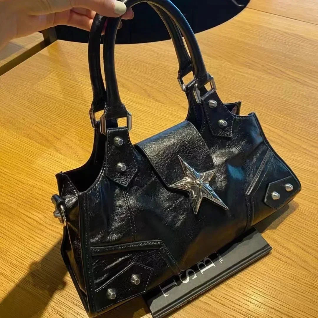 Edgy Studded Handbag, Structured Top Handle Satchel with Statement Star Detail & Metal Hardware, Vintage Shoulder Purse for Everyday Style