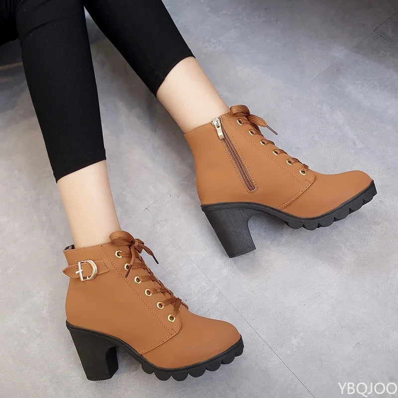 Women's Lace-Up Platform Ankle Boots – Chunky Block Heel Combat Boots with Side Zipper for Casual, Party & Winter Wear