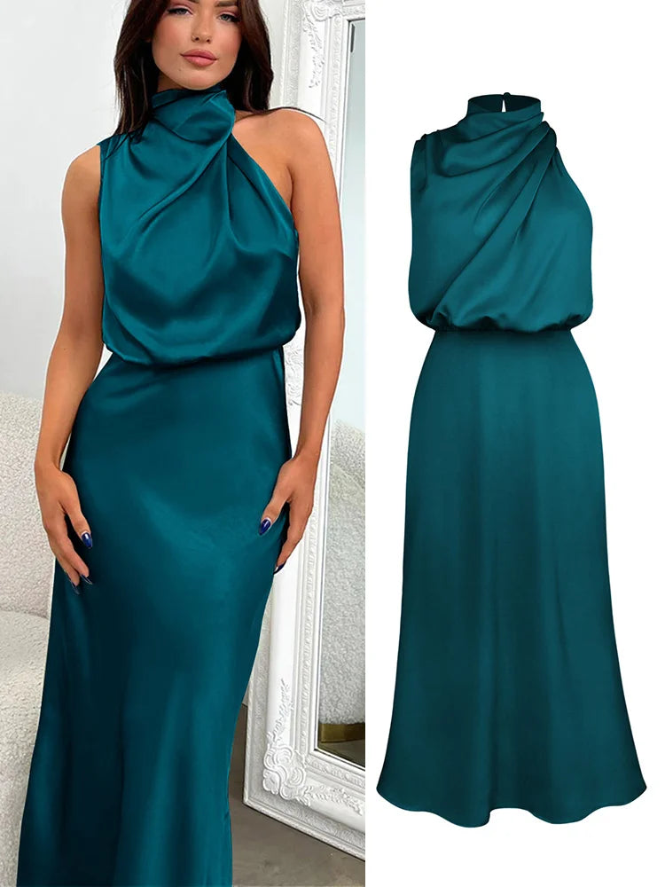 Cowl Neck Maxi Dress – Draped Halter Evening Gown with Open Back and Flowing Floor-Length Silhouette for Weddings & Formal Events