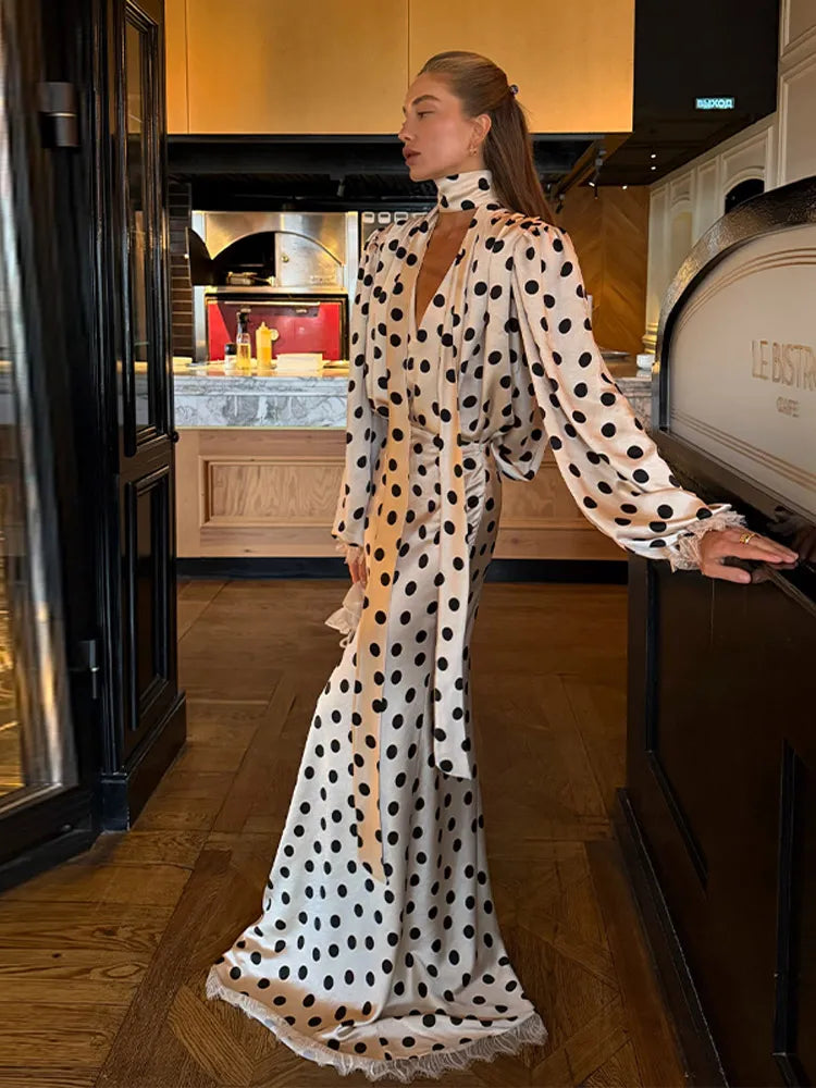 Polka Dot High Neck Top & Wide Leg Pants Co-Ord Set | Long Sleeve Two Piece Outfit with Ruffle Trim | Elegant Party & Occasion Wear