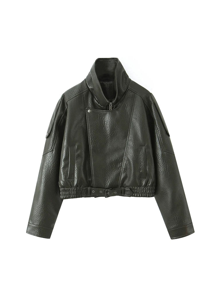 Faux Leather Biker Jacket, Cropped Belted Moto Jacket with Wide Lapels and Silver Hardware, Edgy Casual Streetwear Outerwear