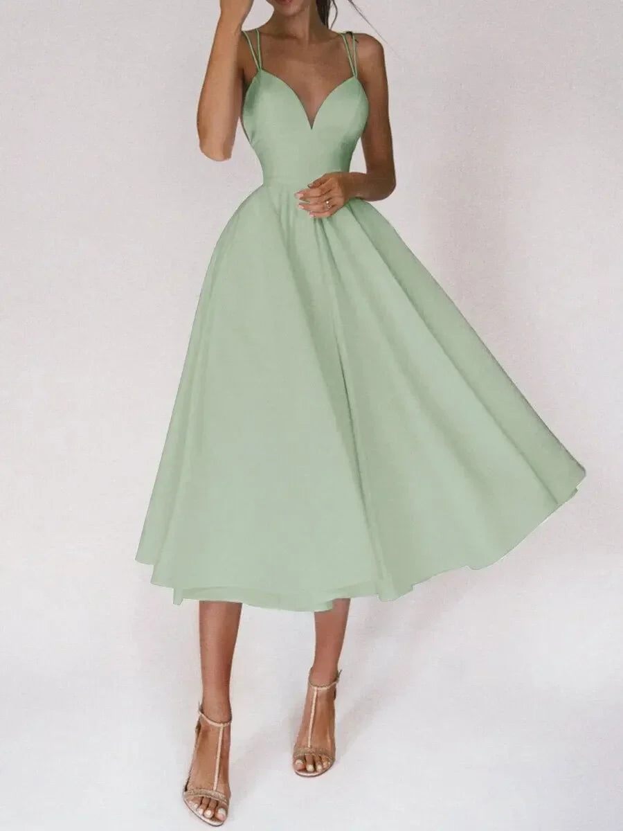 Elegant A-Line Midi Dress – Sleeveless Fitted Bodice Dress with Flared Full Skirt for Weddings, Bridal Events, Brunch & Special Occasions