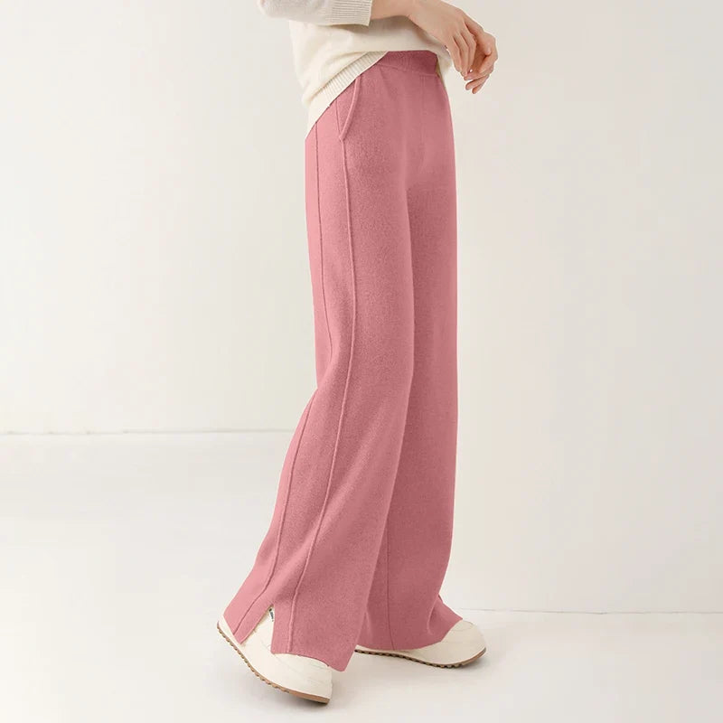 High Waisted Wide Leg Knit Pants Relaxed Fit Flowing Trousers Stretchy Casual Lounge Bottoms Minimalist Style