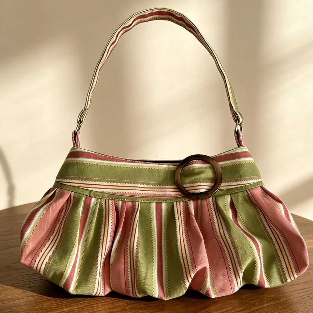 Pleated Shoulder Bag, Striped Hobo Handbag with Adjustable Strap & Gathered Design, Chic Casual Purse for Shopping, Dates & Everyday Use