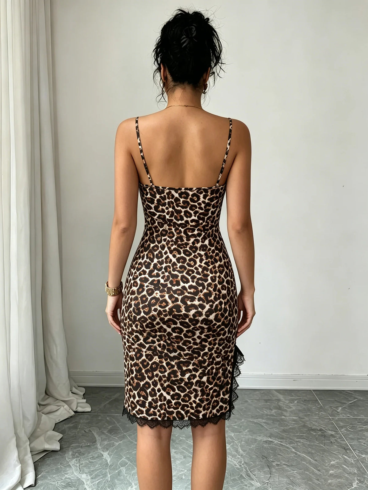 Leopard Print Mini Dress – Lace Trim Bodycon Dress with Spaghetti Straps, Bow Detail, Asymmetrical Hem and Fitted Silhouette